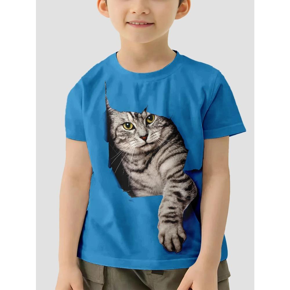 Children Clothes Girl Boys T-shirt Summer Fashion 3D Cat Print Cartoon Casual Fun Comfortable Round Neck Short Sleeve T-shirt