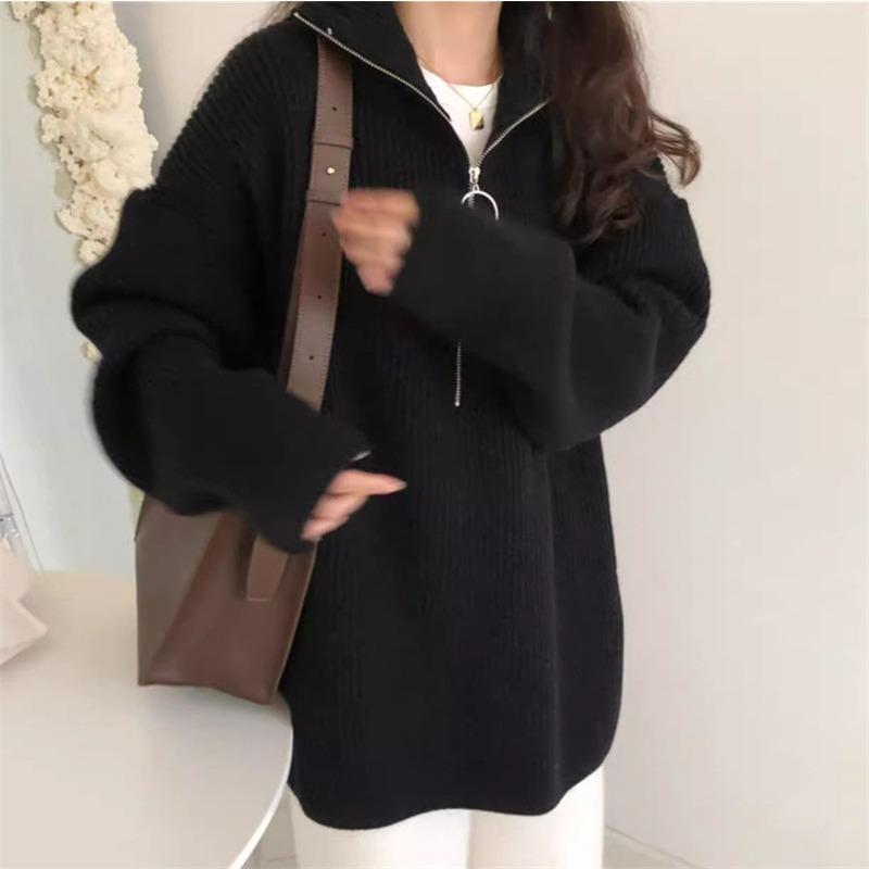 

Half zipper pullover sweater women s top autumn and winter new retro lazy loose soft waxy thick knitted sweater outer wear one size fits all чорний