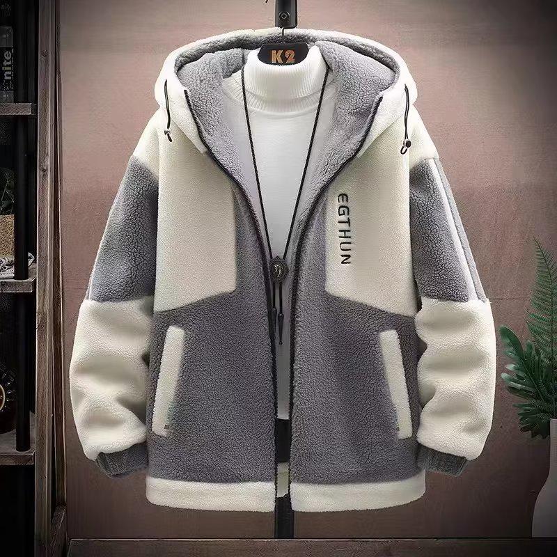 Men's Winter Lambswool Hooded Jacket - Thick, Warm, Trendy, Versatile, Embroidered Zipper Coat