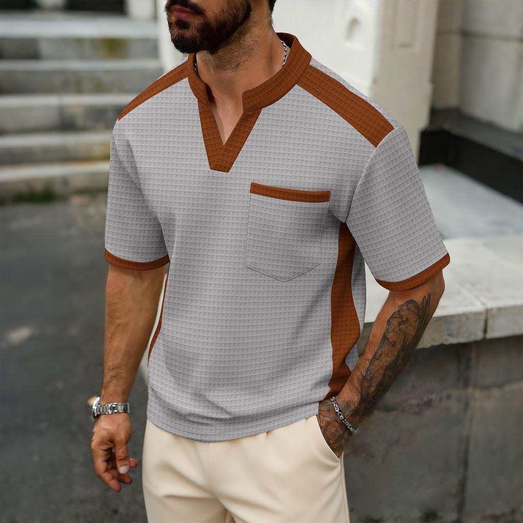 Men's Color Blocked V-neck Patchwork Short Sleeved Casual Breathable Top