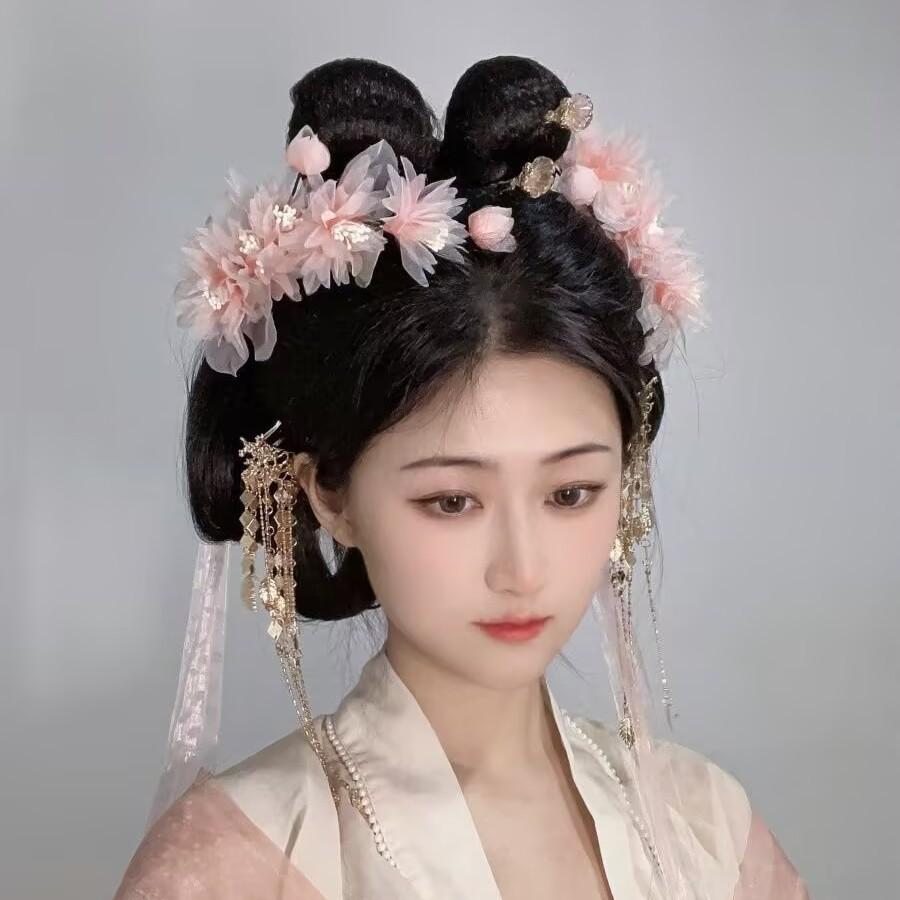 Hanfu headdress, women's original new model, side fairy pink wrapped silk flower soft hairpin, ancient style hair accessories