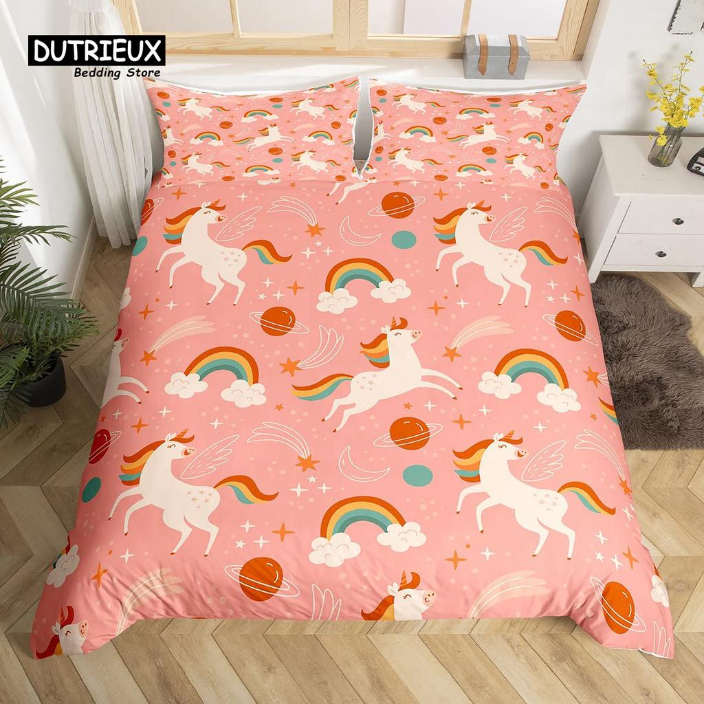 Kawaii Bear Duvet Cover Set Twin King Size Cartoon Animals Bedding Set Polyester Parachute Blue Sky White Cloud Comforter Cover