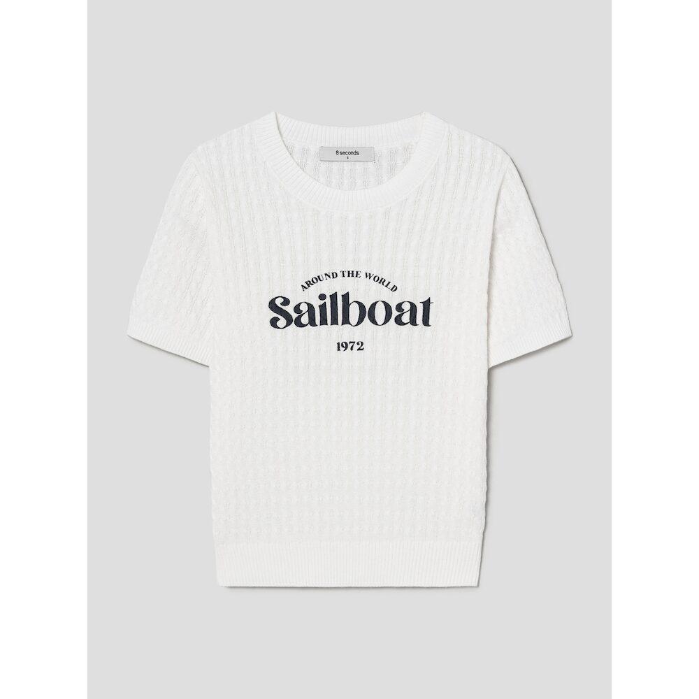 8SECONDS Text Embroidered Cable Short Sleeve Pullover White
