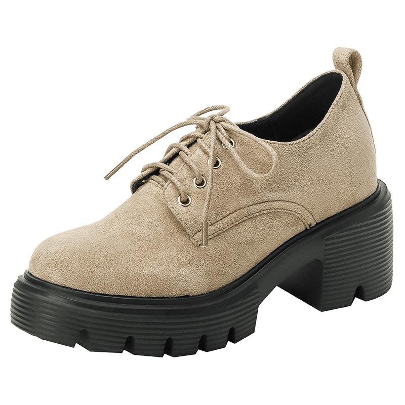 10Cm thick-soled high-heeled apricot small leather shoes for women's spring and autumn new models, lightweight inner height-increasing lace-up