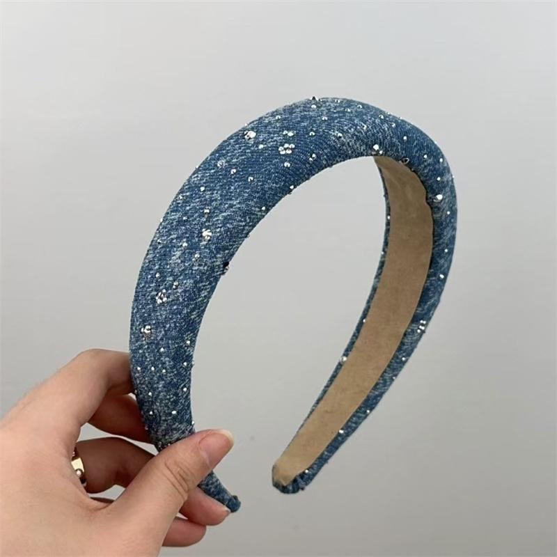 Fashion Women's And Girls Denim Headbands with Sponge Padding 3CM Width Full Rhinestones Padded Hairbands
