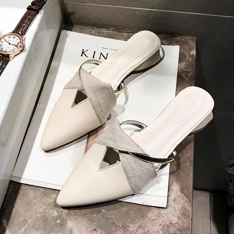 2024 Summer New Classic Mules Shoe Women Slides Pu Leather Cover Toe Outdoor Slipper Square Heel Ladies Pointed Toe Half Slipper