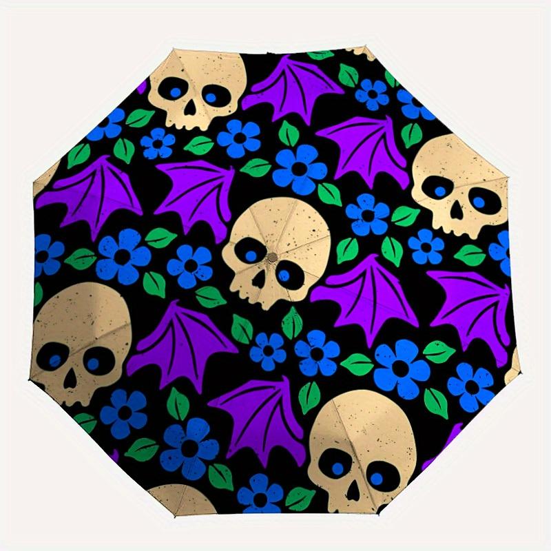

1pc Skull Flowers Automatic Open/Close Umbrella - Compact Travel Umbrella, 8-Rib Heavy-Duty Construction, Ideal Gift, Outdoor Accessory, Sty