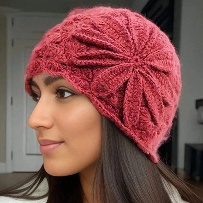 1pc Handmade Crochet Flower Knit Beanie Hat for Women, Warm Winter Slouchy Cap