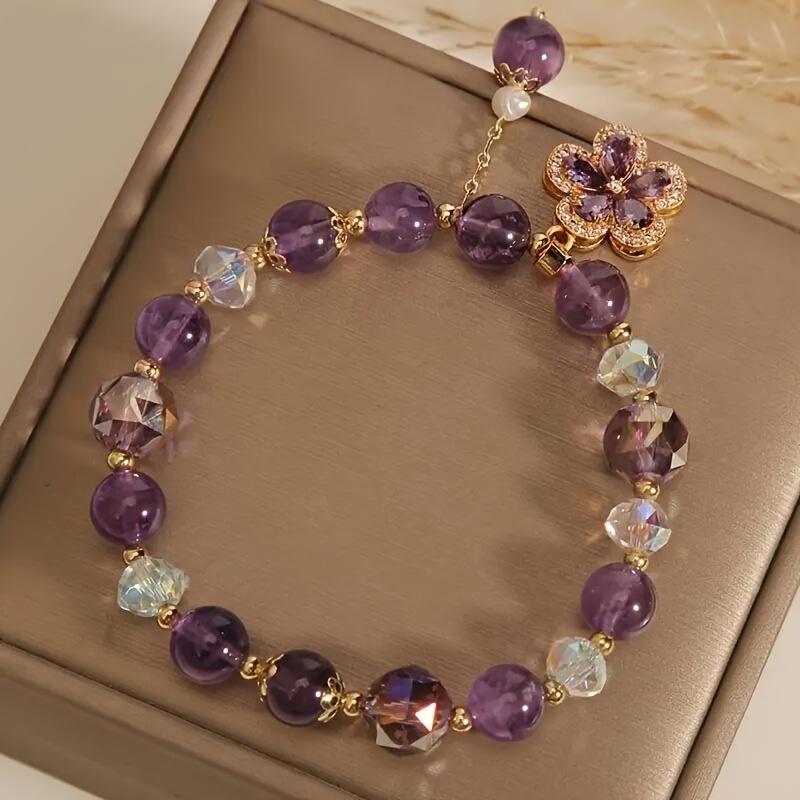 1Pc Fashion Purple Crystal Beads Elastic Bracelet With Flower Pendent Perfect For Women Jewelry Gift
