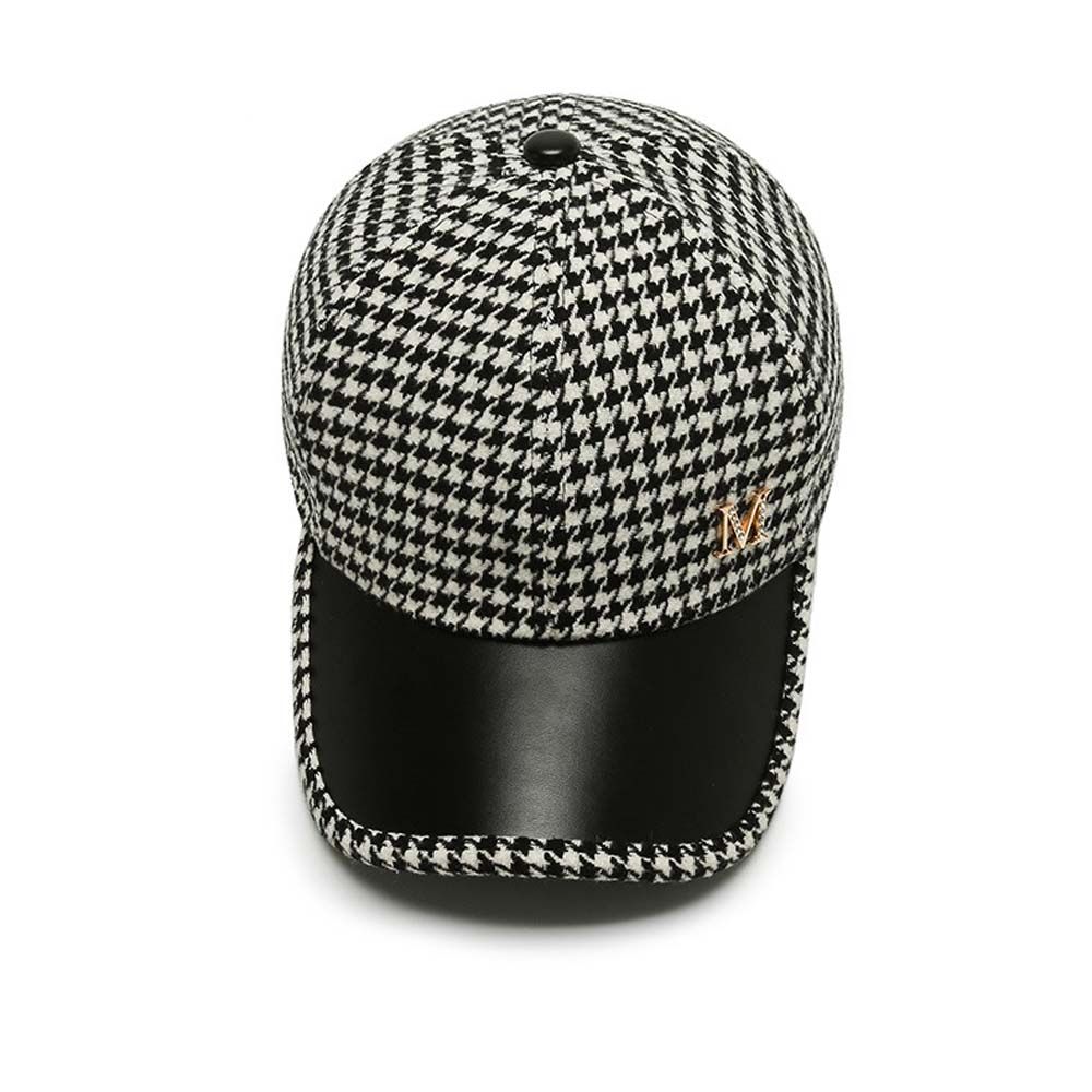 Adjustable Khaki Coffee Black Face Cap Houndstooth Baseball Cap Pu Leather Brim Korean Style Hat