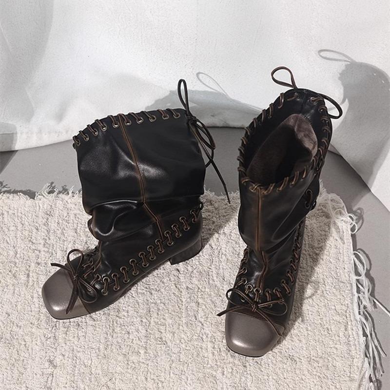 Fashion Vintage Pleated Mid-Calf Boots Cross-tied Square Toe Mid Heels Luxury Leather Fashion Novelty Sexy Concise Autumn Women Shoes