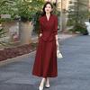 Red Elegant Women's Suit Set: Chic Waist-Slimming Shirt & Midi Skirt for Spring/Autumn 2025.