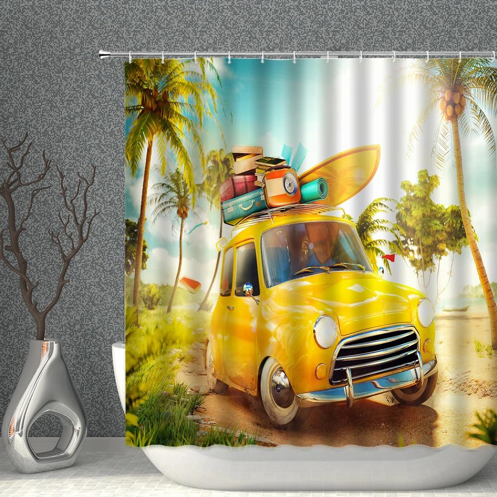 Summer Holiday Retro Cartoon Bus Shower Curtains Vintage Surfboard Palm Tree Bathroom Partition Decor Bathtub Curtain with Hook