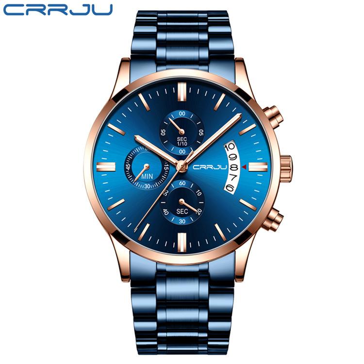 

CRRJU Новые однотонные мужские повседневные часы со стальным ремешком с шестью контактами, модные популярные мужские часы