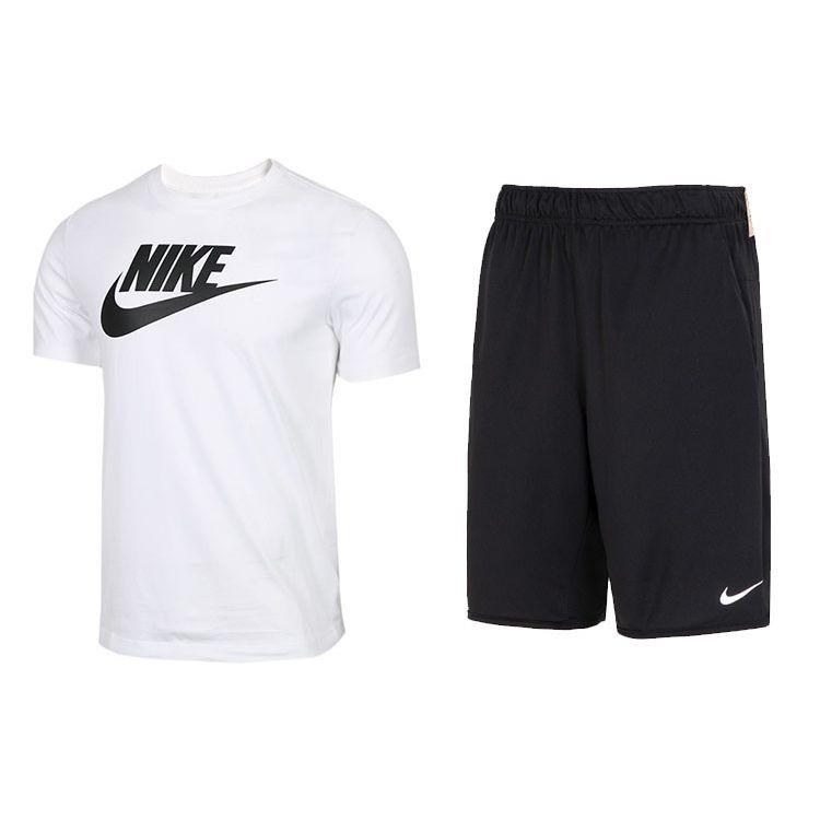 

Nike Color Block Letter Logo Print Crew Neck Short Sleeve T-Shirt And Solid Loose Straight Leg Shorts Casual Sports Set Men Sets AR5005-101+DV9329-010 M