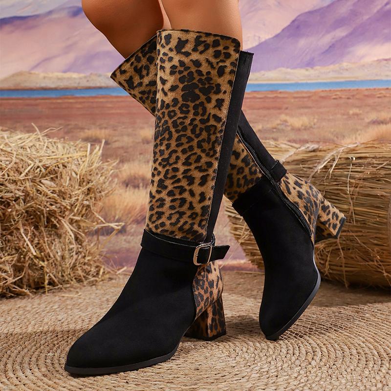 Plus Size 43 Leopard Print Women's Long Boots Mix Color Thick High Heels Boots Woman Autumn Winter Fashion Knee High Botas Mujer