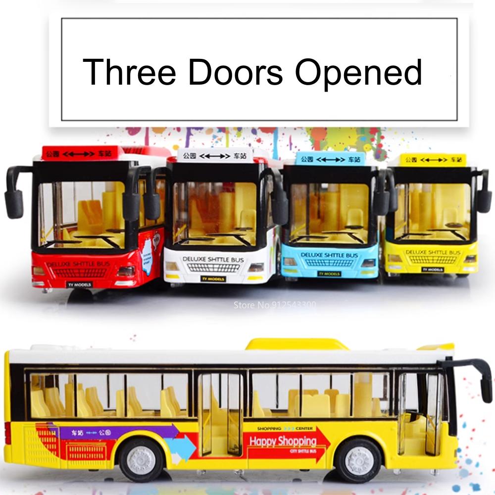 1/36 Single Bus Model Car Toy Metal Die-cast Sound Light Pull Back 3 Doors Opened Autobus Models Ornament Toys Gifts for Kids