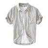 L990 Men's Minimalist Cotton Linen Square Neck Short Sleeve Shirt, Solid Color