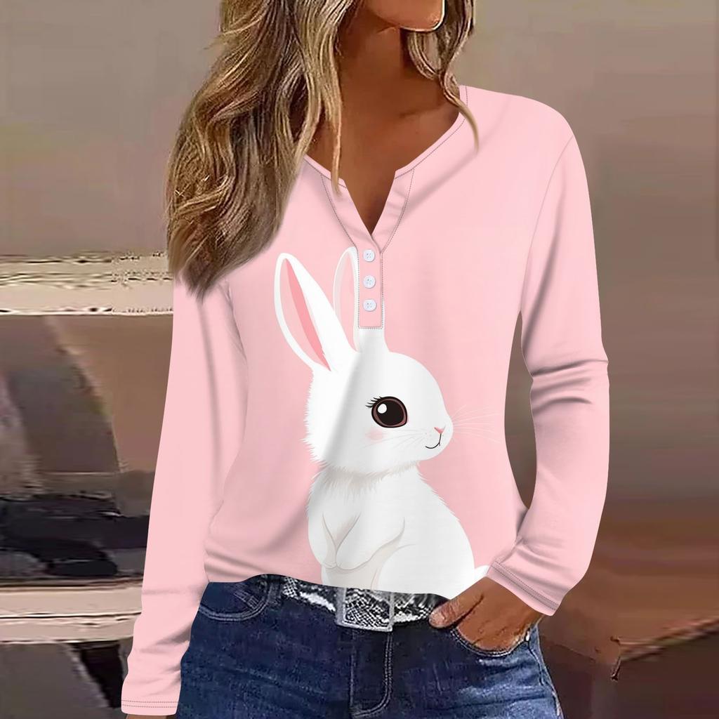 Women's Fashion Casual Printed V-neck Long Sleeve Button Up T-shirt Top