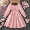 Children's Clothing New Autumn French Style Square Neck Long Sleeve Solid Color Waist Cinching Flared Dress for Girls