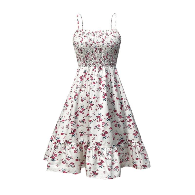 Women Floral Print Spaghetti Strap Dress Smocked Waist Casual Summer Mini Dress
