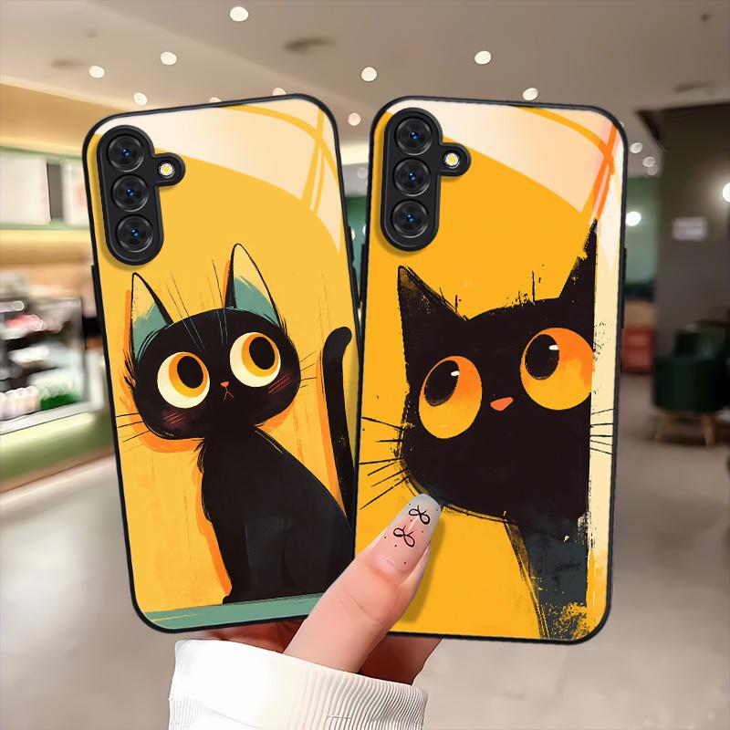 Süße schwarze Katze gehärtetes Glas Handyhülle geeignet für Samsung Galaxy S26 S25 S24 S22 S21 S20 FE/Ultra/Plus stoßfeste Rückabdeckung