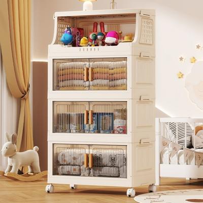 Stackable Collapsible Storage Bins Storage Boxes with Door And Wheels Multi-tier Rolling Organizer with Shelf for Kids Toys Snacks Blanket