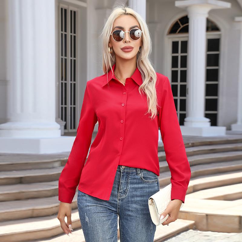 2026 Women s Spring/Summer Casual Long Sleeve Button-Down Cardigan Shirt S красный