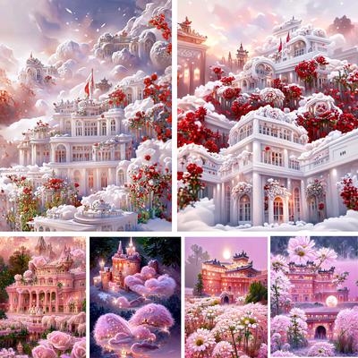 Romantic Castle Flower Mosaic Diamond Painting Diy Cross Stitch Kits 5d Diamond Embroidery Rose Fairy Tale World Home Decor