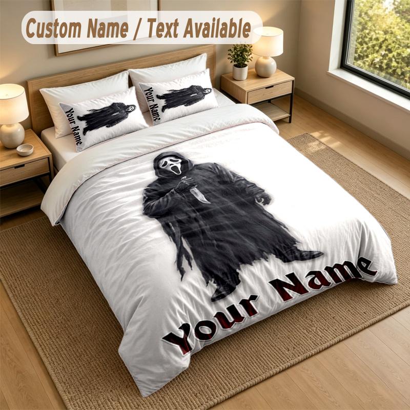 3Pcs Bedding Set Custom Name Text, 1 Sheet 2 Pillowcases Home Bed DecorScream Ghostface