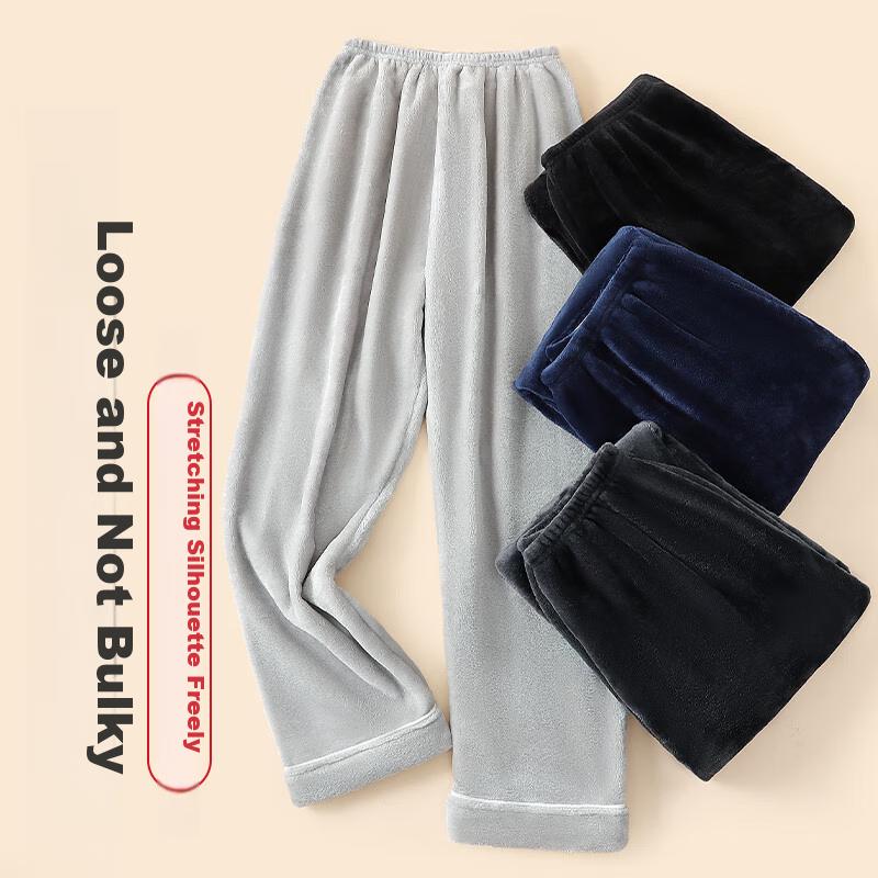 LangSha Men's Long Pants, Winter Flannel Warm Fleece-Lined Thick Coral Fleece Trousers, Home Pants, Black, 3XL