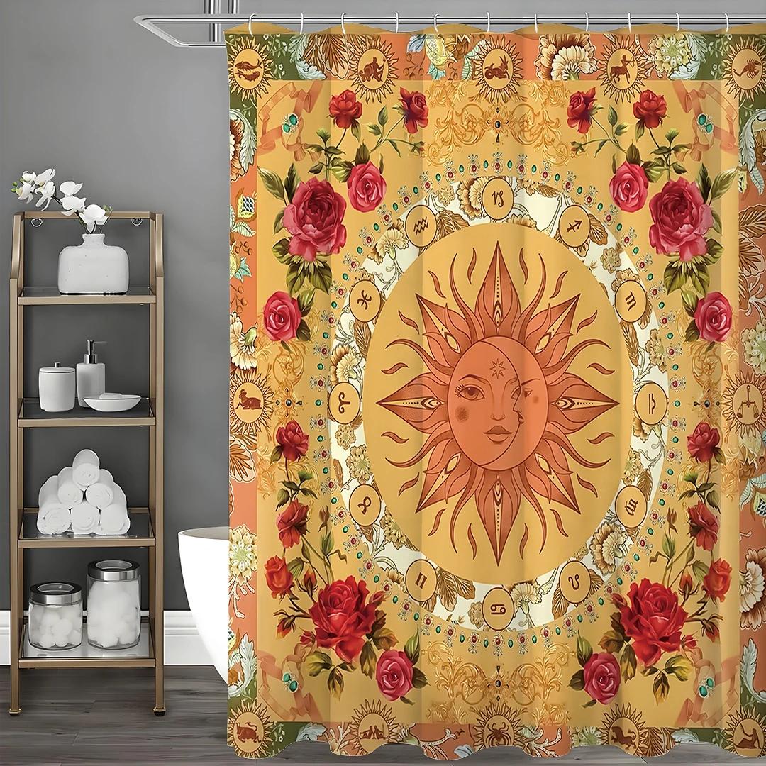 

Sun and Moon Face Tarot Constellation Floral Shower Curtain, Bathroom Decorative Shower Curtain, Waterproof Shower Curtain with 90X180CM
