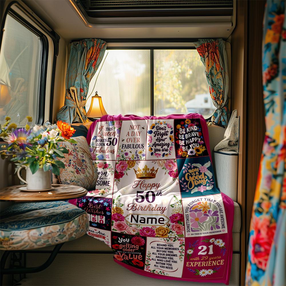 Happy 50Th Birthday Blanket Personalized Name Soft Comfortable Stylish Blanket Car Blanket Perfect For Travel Camping Outdoor Home Suitable For All