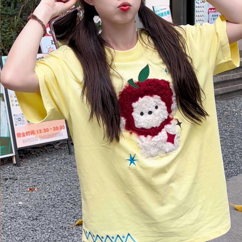 Sommer Reine Baumwoll-T-Shirts für Damen Niedliche Cartoon O-Ausschnitt Oversized Tees Koreanisch Y2k Damenkleidung Lässig Kurzarm y2k Tops