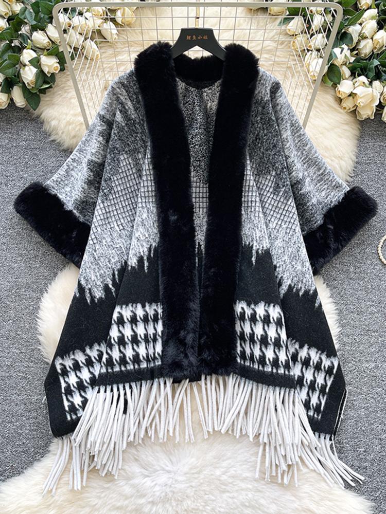 Autumn Winter Vintage Outerwear with Fur Collar Knitted Cardigan Tops for Women Loose Elegant Plaid Shawl Cloak Coat L66