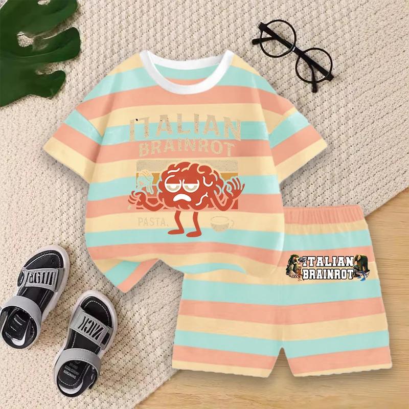 Boys Summer Striped Outfit Set Kids Cartoon Animal Print Short Sleeve T-shirt and Shorts for Play Outdoor