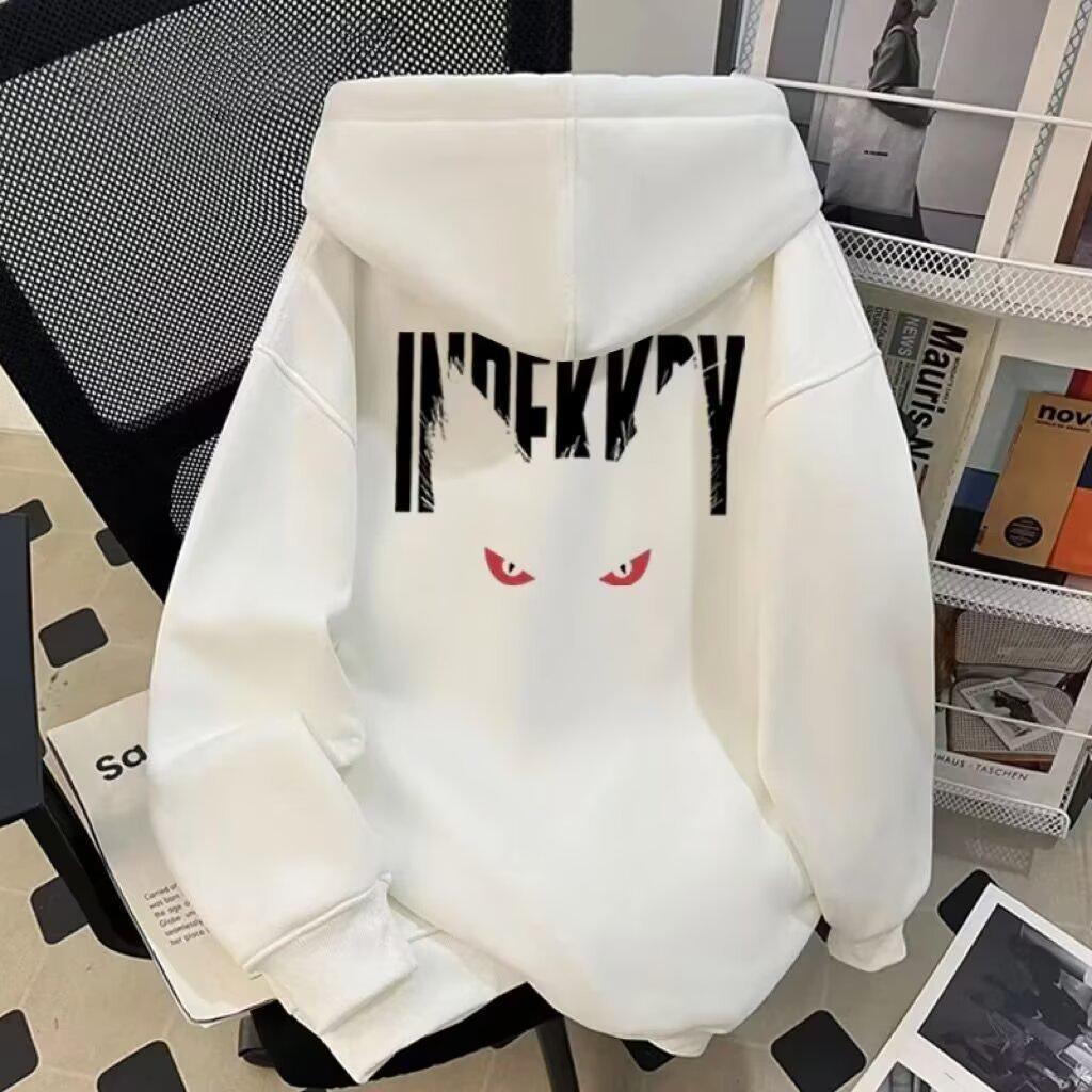 Plush-Lined Hooded Sweatshirt: Trendy Print Loose-Fit Men's Jacket for Autumn/Winter