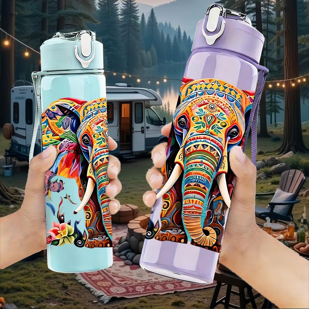 1PC Colorful Decorated Elephant Art Print 750ml Color Plastic Sports Water Bottle Leakproof Flip Straw Lid Suitable for Sports Office Home Use
