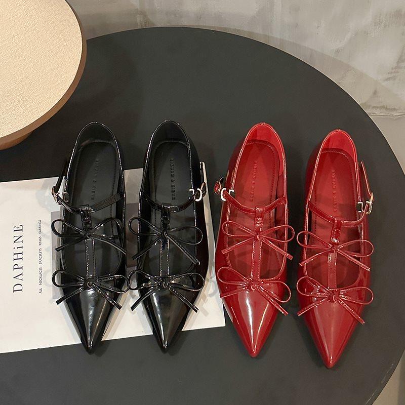 Inner Height Increase Pointed Patent Leather Spring Mary Jane Women's Double 2025 Bow Retro Single Shoes Small New Women's Shoes