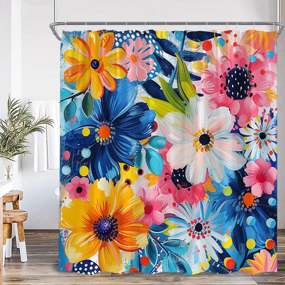 Floral Boho Shower Curtain Colored Flower Green Leaf Plant Vintage Dark Bath Curtain Polyester Fabric Bathroom Decor with Hook