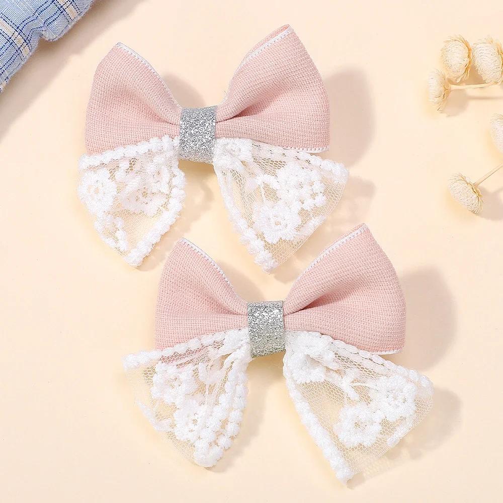 RAINBOW BOWS 2Pcs/lot Sweet Lace Bowknot Hair Clip for Kids Fashion Denim Blue Hairpin Hairgripes Girl Party Hair Accessories