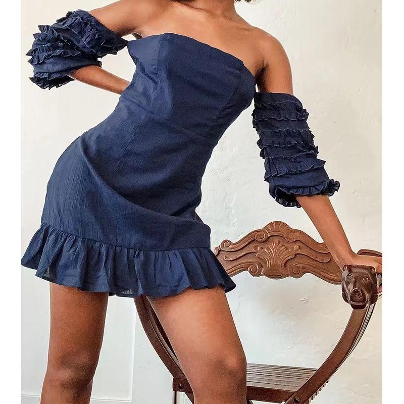 

Export Single L Family U off-Neck Lady Neighbor Sister Puff Sleeves Sea Blue Waist-Tight Slim Looking Date Casual Jumpsuit SEA BLUE XL