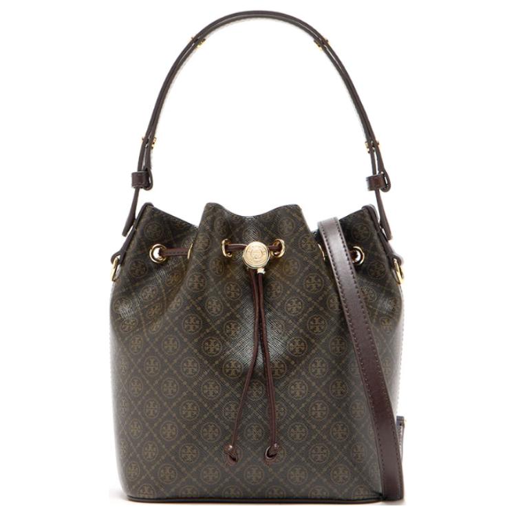 

Tory Burch T Monogram Brand Micro Logo Adjustable Detachable Shoulder Strap Bucket Bag Women bags Black Brown 168805-200 Basic Set (Bag+Dust Bag)