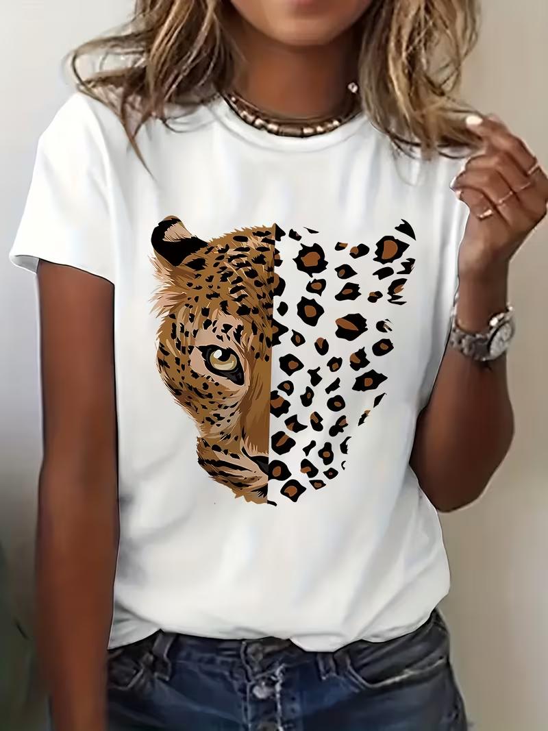 

Women Casual Sports Short Sleeve Tee Leopard Print Round Neck Comfortable Durable Versatile for Daily Wear Gym Travel S разноцветный
