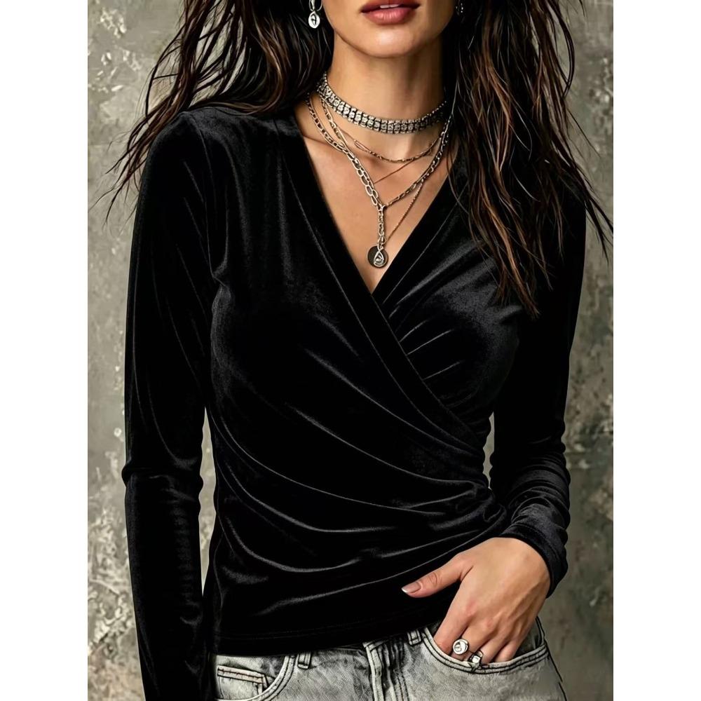 Fall New Style Women's Cross V-neck Pleated Long-sleeved T-shirt Casual Top
