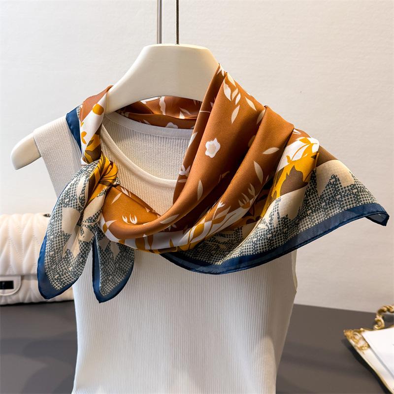 Geometrik renk uyumu eşarp renk uyumu çiçekli ipek eşarp imitasyon ipek kadın kare eşarp 71x71cm başörtüsü şal seyahat eşarbı