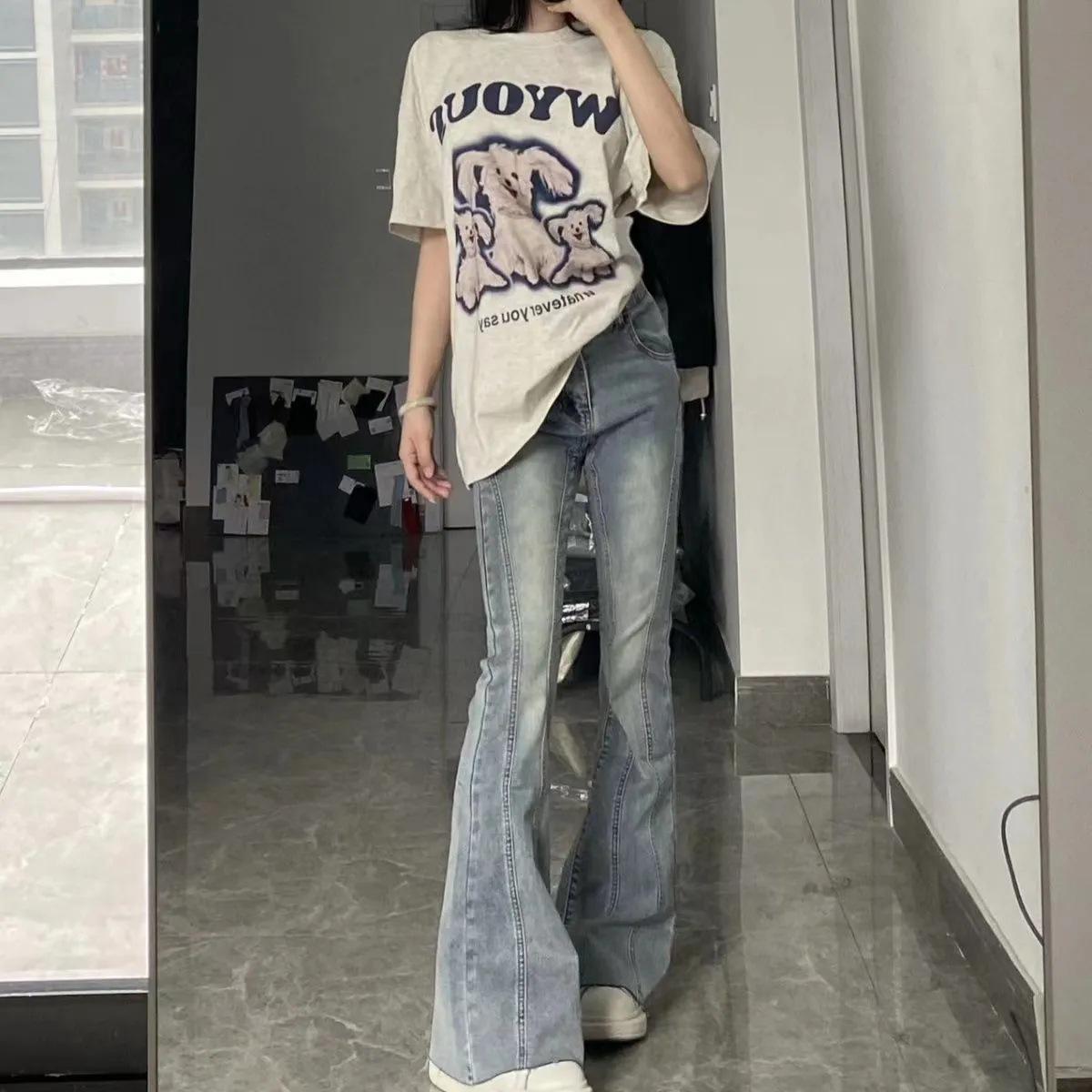 

Korean-Style High-Waisted Stretch Straight-Leg Light Jeans for Women Extra Large