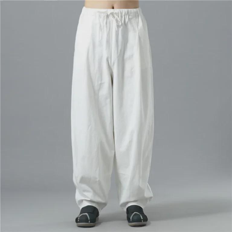 Men's Summer Loose-Fit Cotton Linen Wide-Leg Elastic Waist Sports Pants