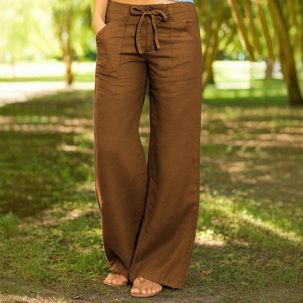 Women's Cotton and Linen Loose Solid Color Elastic Waist Pocket Straight High Waist Strap Solid Color Casual Pants