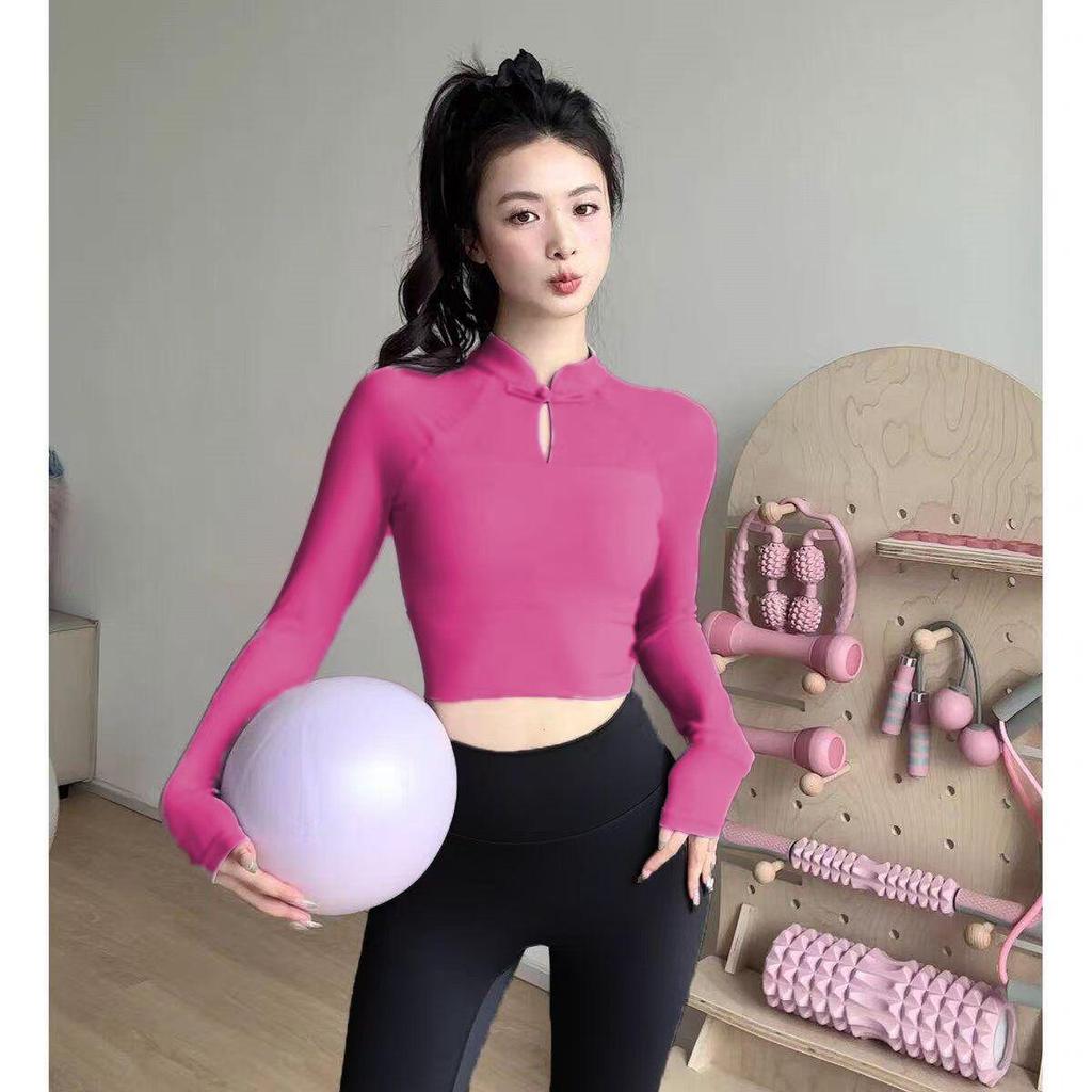 New Chinese-Style Long-Sleeve Yoga T-Shirt with Chest Pads